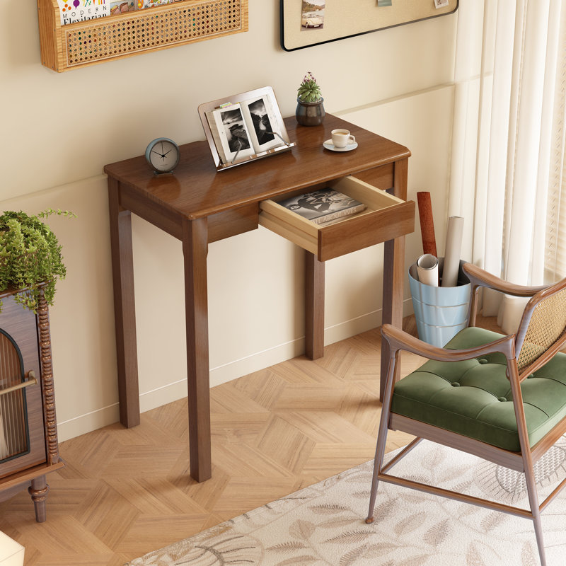 Solid Wood Desk With Drawers - Vintage Narrow Desks, Mid Century Modern Desks, Rubber Wood Study Table, Small Writing Desk For Bedroom|small Spaces