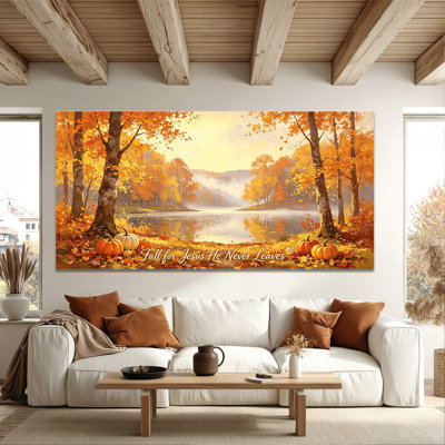  Automne, toile d'art d'automne, scène de lac, image de l'écriture chrétienne pour l'entrée du salon, œuvre d'art tendue à la citrouille, prête à être suspendue, 16 po x 32 po