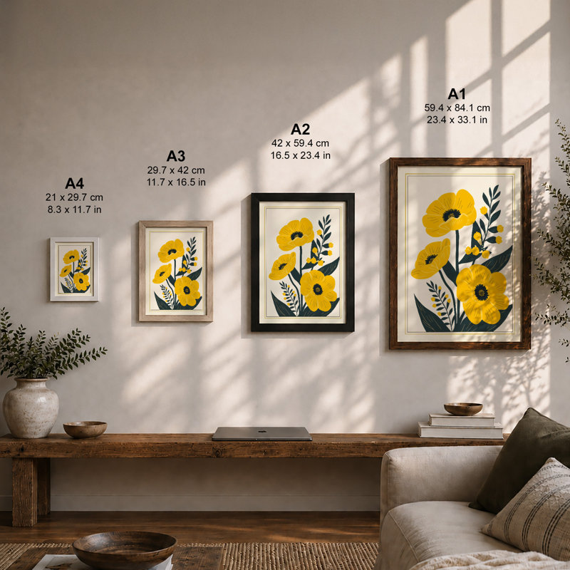 Three Stem Botanic Botanical - Framed Print, Black, A4 - 29.7 x 21.0 cm