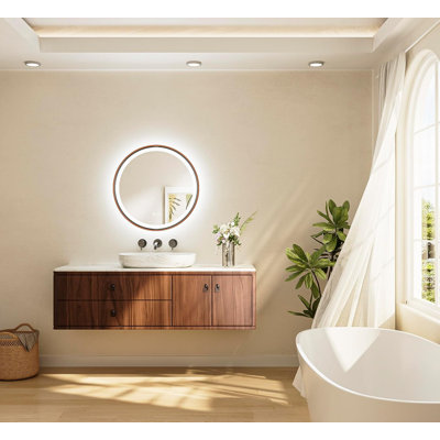 Miroir de salle de bain rond à DEL de 24 po - Cadre en métal bronze huilé, miroir de coiffeuse lumineux à intensité variable