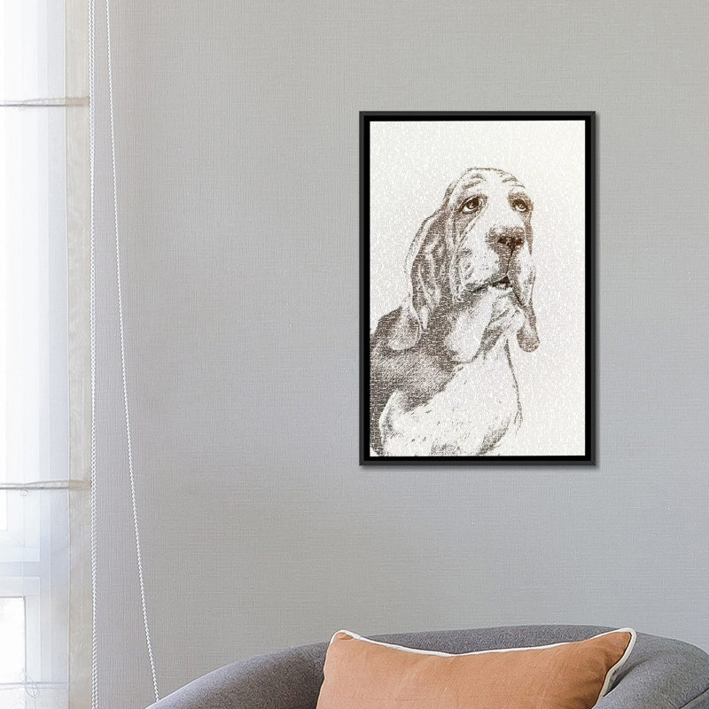 « the intellectuelle basset », impression sur toile, H 26 po x l 18 po x P 1,5 po, Toile avec cadre noir, Pas de tapis