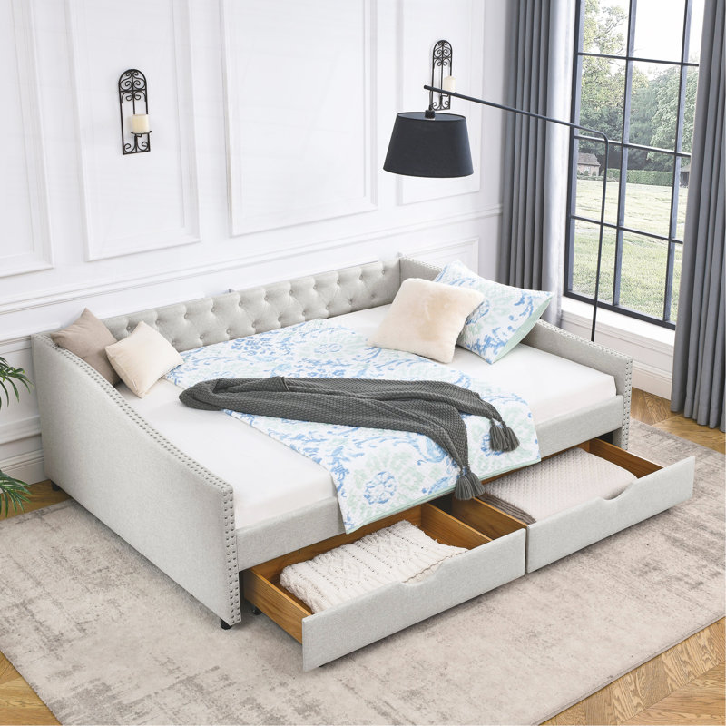Queen Size Daybed With Drawers Upholstered Tufted Sofa Bed,,With Button On Back And Copper Nail On Waved Shape Arms, Beige (84.5"X63.5"X26.5")