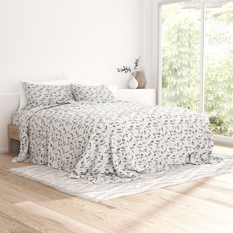 Ensemble de draps 100% coton, Botanique gris clair, Ensemble de draps pour taille de lit très grand c