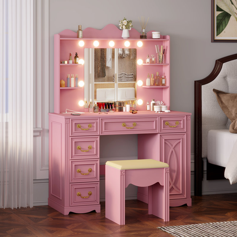 Dressing Table with 3-Color Lighting Mirror, Outlets, Stool, Storage Drawers and Cabinet, Pink
