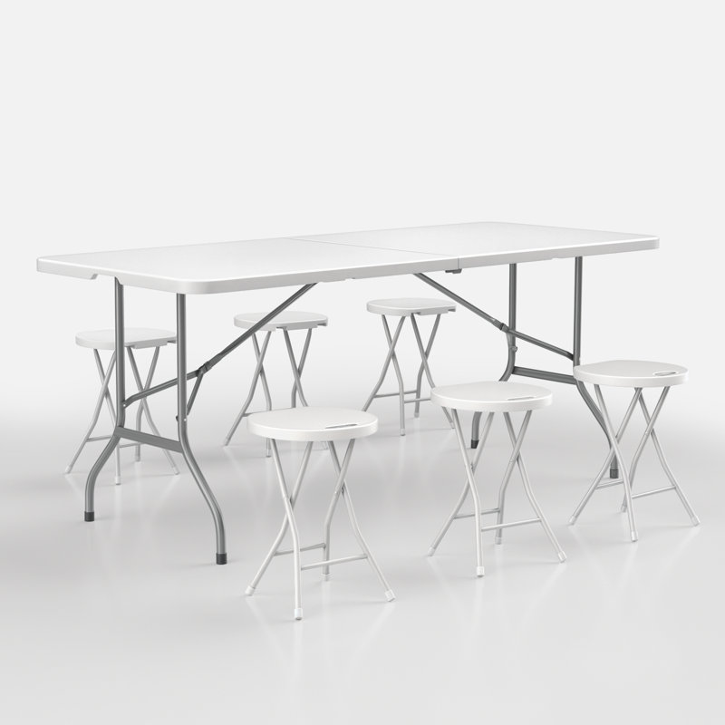 7-Piece Rectangular Folding Plastic Dining Table with 6 Chairs Set with Handle, White