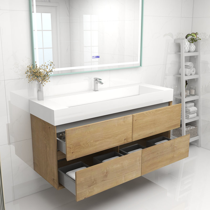 60" Wall Mounted Single Bathroom Vanity, Oak