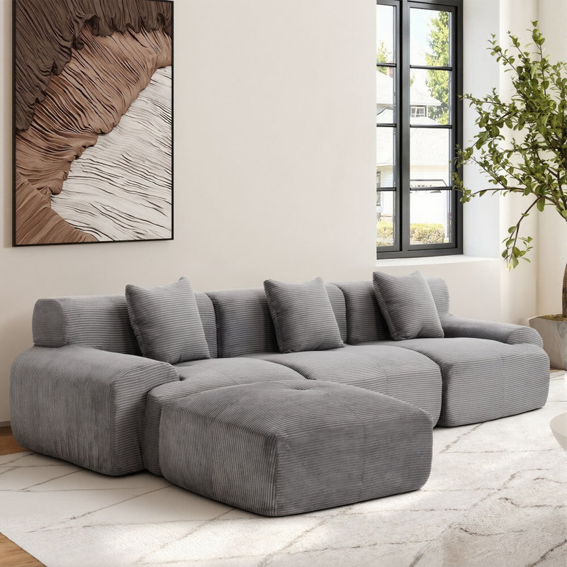 Canapé-lit modulaire convertible en velours côtelé 107 po avec repose-pieds Boneless, Gris
