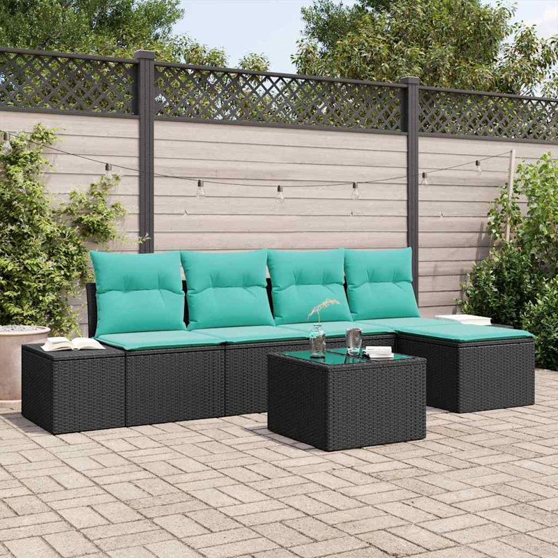 Ensemble de canapé de jardin vidaXL 5 pièces en rotin de polyester noir et turquoise
