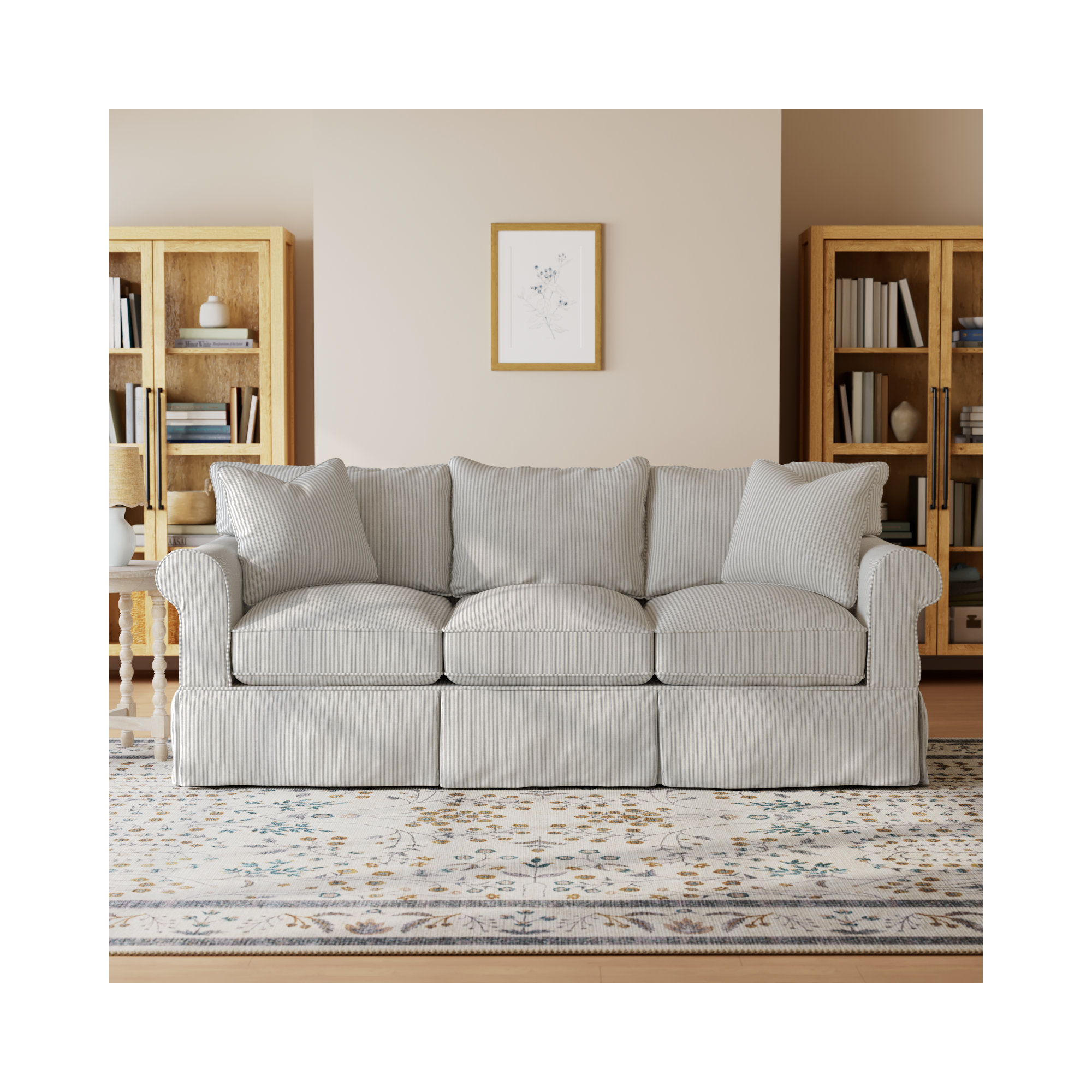 Amari 89'' Upholstered Sofa, Cruise Adrift Gray Striped Basketweave