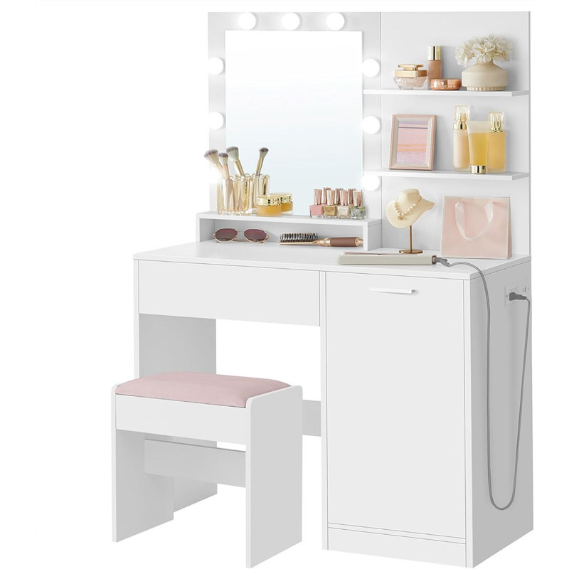 Bureau de meuble-lavabo avec miroir et lumières, meuble-lavabo de maquillage d'une largeur de 35,4 pouces avec tabouret de meuble-lavabo rembourré, prises de courant, lumières DEL à intensité variable, tiroir de rangement, pour chambre à coucher, bl