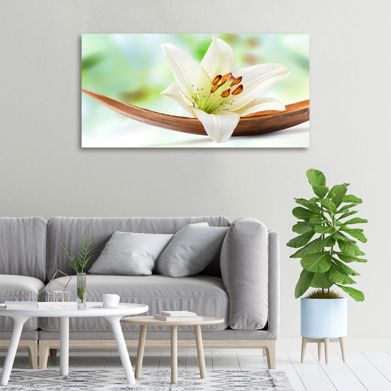 Lily Flower On Banana Leaf - No Frame Print on Glass, 100 cm x 50 cm x 0.4cm D