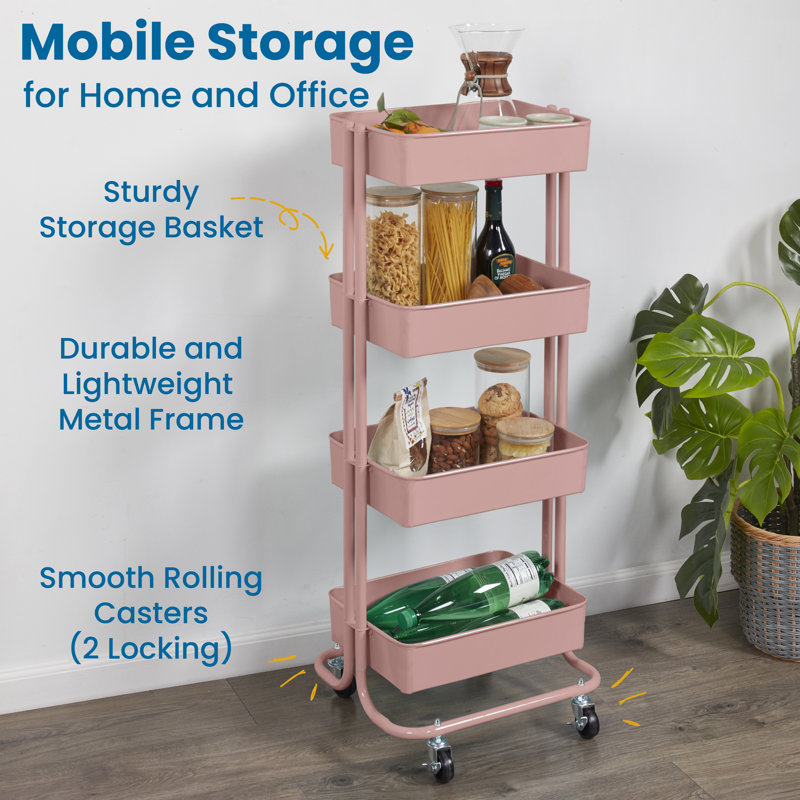 Blush Pink 4-Tier Metal Rolling Utility Cart