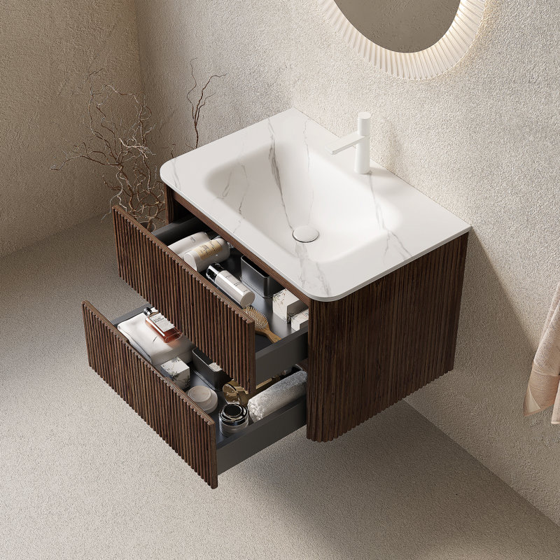 Meuble-lavabo mural flottant avec lavabo et rangement, avec deux tiroirs, lavabo sans couture et installation facile, 30"