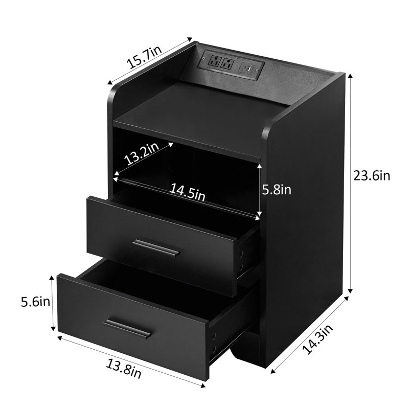Ensemble de 2 tables de chevet de base avec station de charge et éclairage DEL, 2 tiroirs, Noir, noir, noir, noir