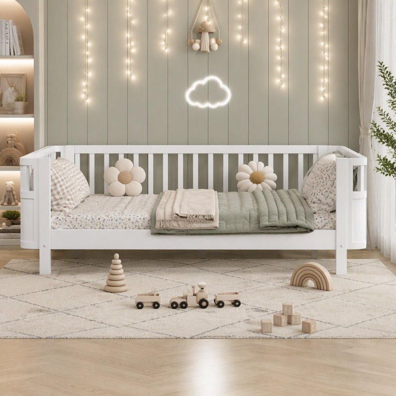 Low Profile Wooden Kids Platform Bed with Safety Guardrails, Detachable Side Rails for Boys and Girls