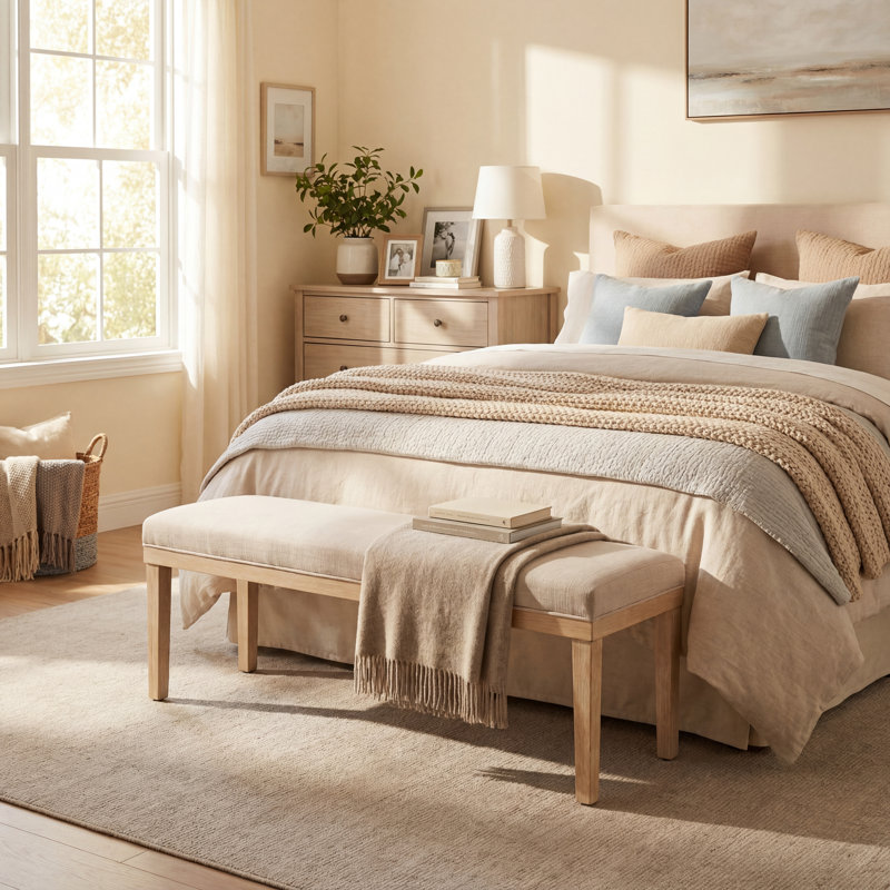 53" Beige Upholstered Bedroom Bench, Wooden Frame Foot of the Bed Bench with Fabric Seat for Bedroom, End of Bed Seat Stool