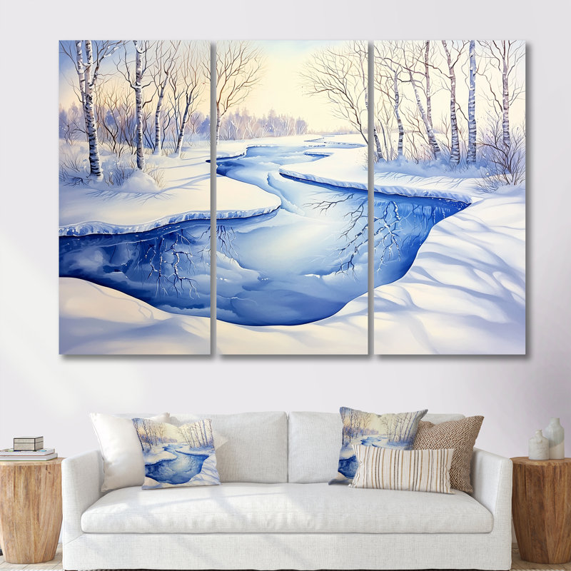 Frozen River In Winter Landscape I - Ensemble de décorations murales paysage d'hiver, 40" H x 60" W, Toile tendue
