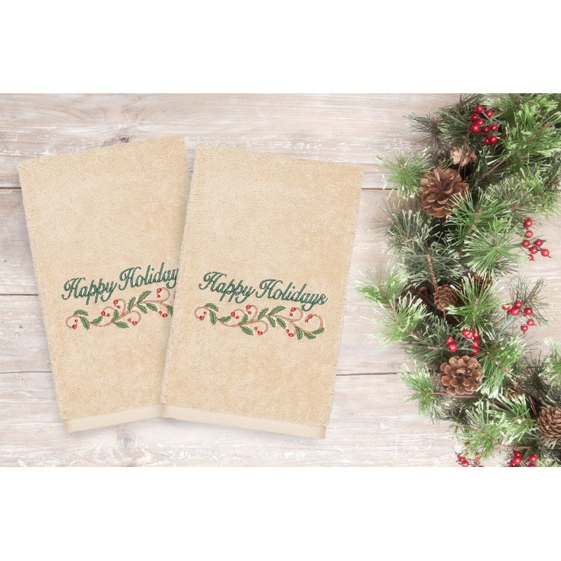Christmas Happy Holidays Embroidered Luxury Turkish Cotton Hand Towel, Sand