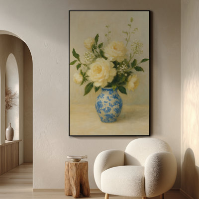 Très grand art mural imprimé sur toile - Vase crème dans un vase décoratif floral bleu pour le salon ou la chambre à coucher - «Assemblage requis du cadre (cadre non fini)»