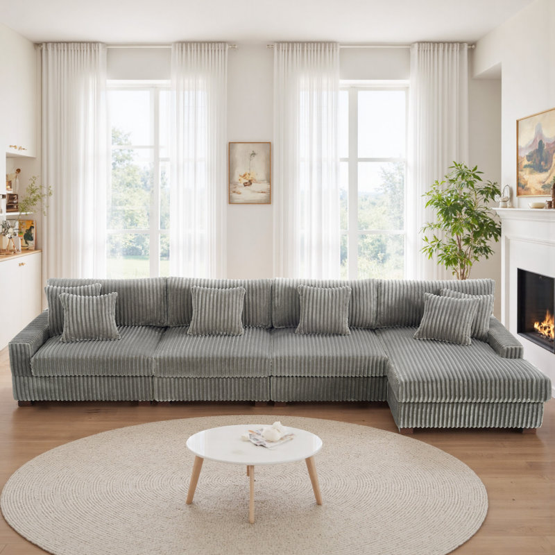 4 Seater Sectional, Light Grey Faux Fur