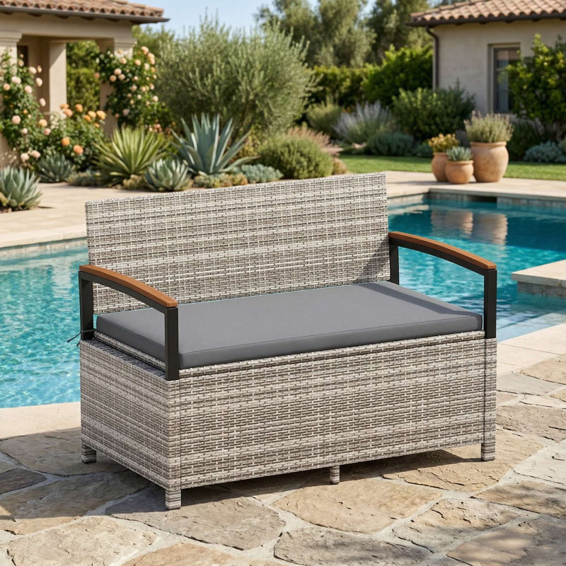 Banc de rangement extérieur imperméable toutes saisons, conception verrouillable et coussin de siège lavable épais et amovible, adapté pour la terrasse, le patio, la cour arrière