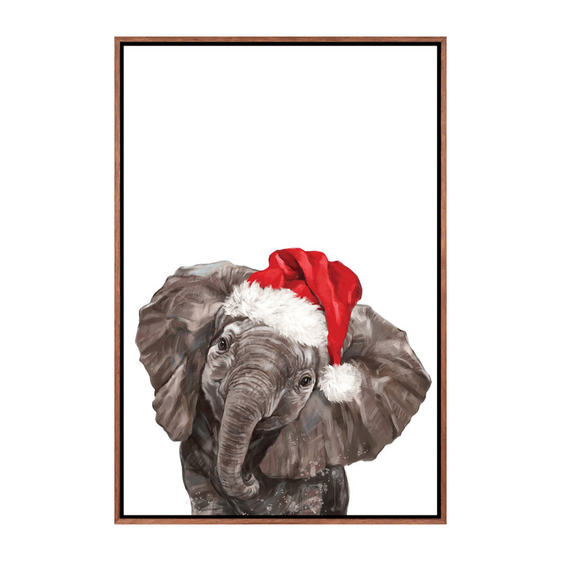 «Christmas Baby Elephant» par Big Nose Work - impression d'art graphique, Pas de tapis, Toile avec cadre en bois brun