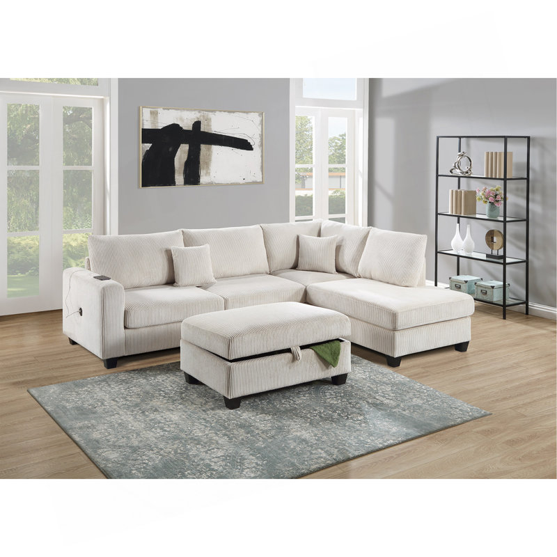 Ensemble de canapé modulaire rembourré en velours côtelé LAF ivoire 3 pièces, Ivoire ivoire