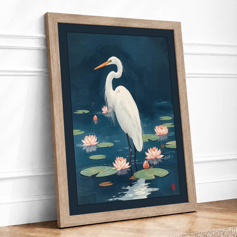Egret Among Lilies Botanical - Framed Print, A1 - 84.1 x 59.4 cm, Oak