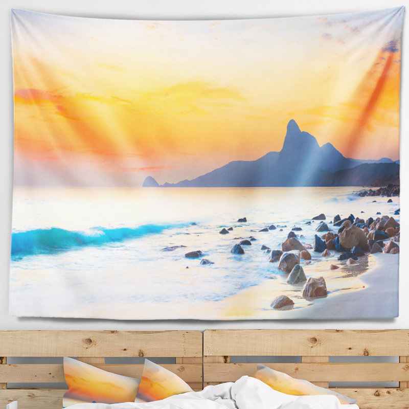 Polyester pierre de mer en mer au coucher de soleil tapisserie avec accessoires suspendus inclus, H 32 po x l 39 po