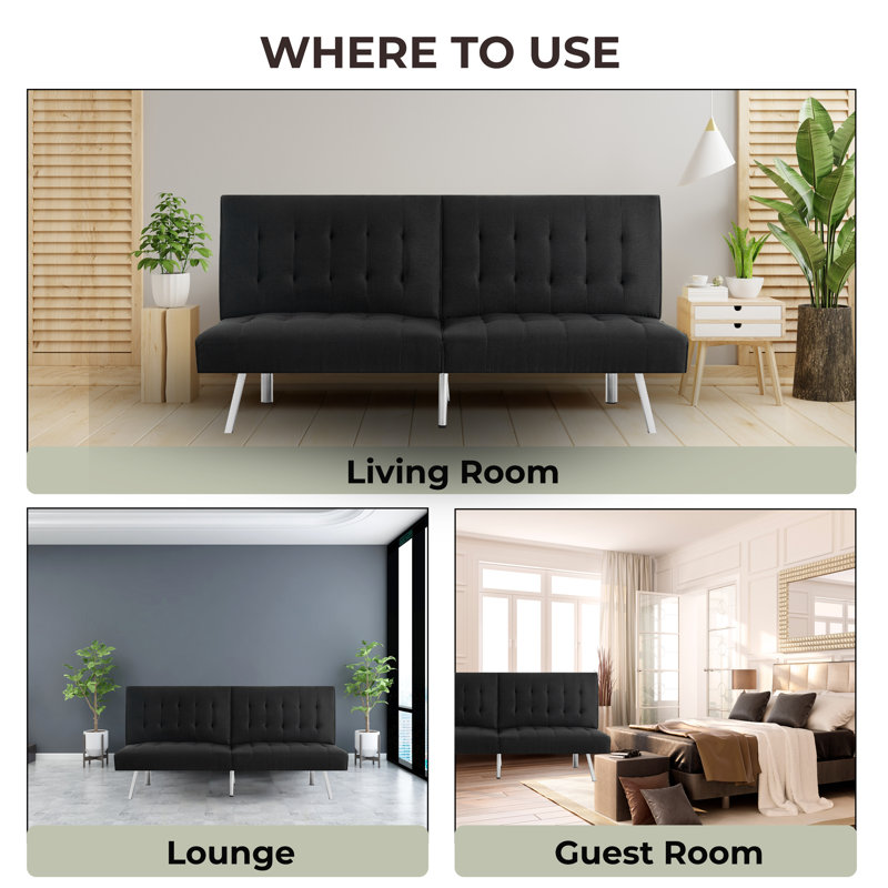 Dacy Twin 68.5" Wide Tufted Back Convertible Sofa, Black 100% Linen