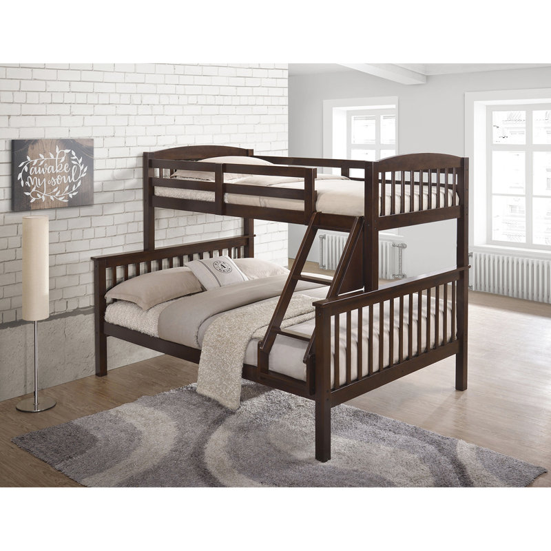 Lit superposé transitionnel de couleur cerise avec un design à lattes, structure en angle et en bois massif, l 60 po x P 81 po H 68, bois franc de chambre à coucher, accès avant 60 po de largeur, 68 po de hauteur