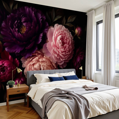 Peel and Stick Wallpaper Dark Romantic Peony Bouquet Deep Purple Pink Flowers Black Wall Murals 100"H x 144"W Removable PVC Wall Paper Self-Adhesive Wall Decor for Bedroom Living Room Home Office