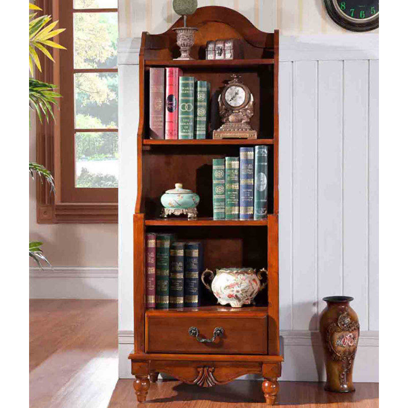 Classic Cherry Wood Open Shelf Bookcase with Bottom Drawer