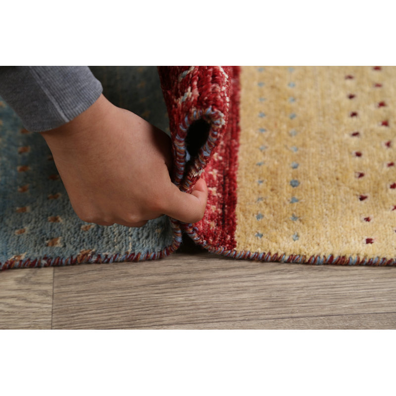 Tapis décoratif en laine de conception unique 8 pi x 10 pi 1 po noué à la main New Age en laine rouge/gris/jaune