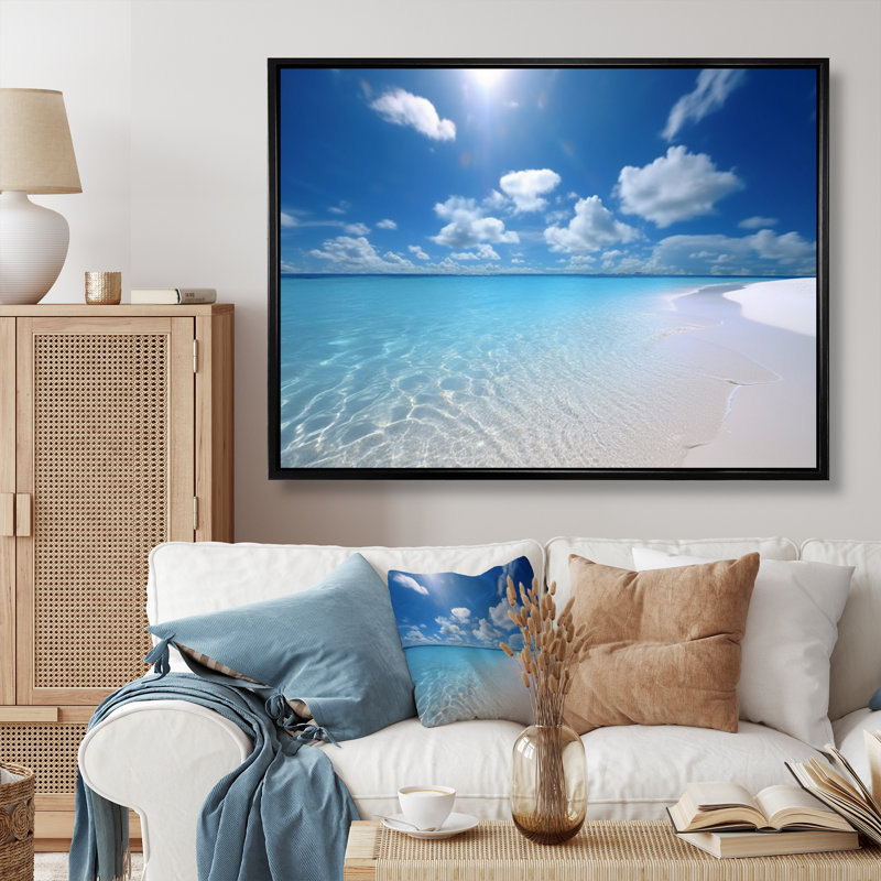Sable et bleu mer des Caraïbes V sur toile, Cadre flottant noir, H 12 po x l 20 po x P 1 po