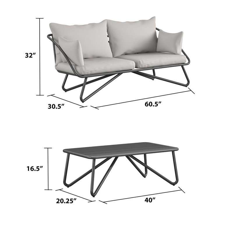 Teddi 2 - Person Sofa Set with Cushion and Table, Charcoal