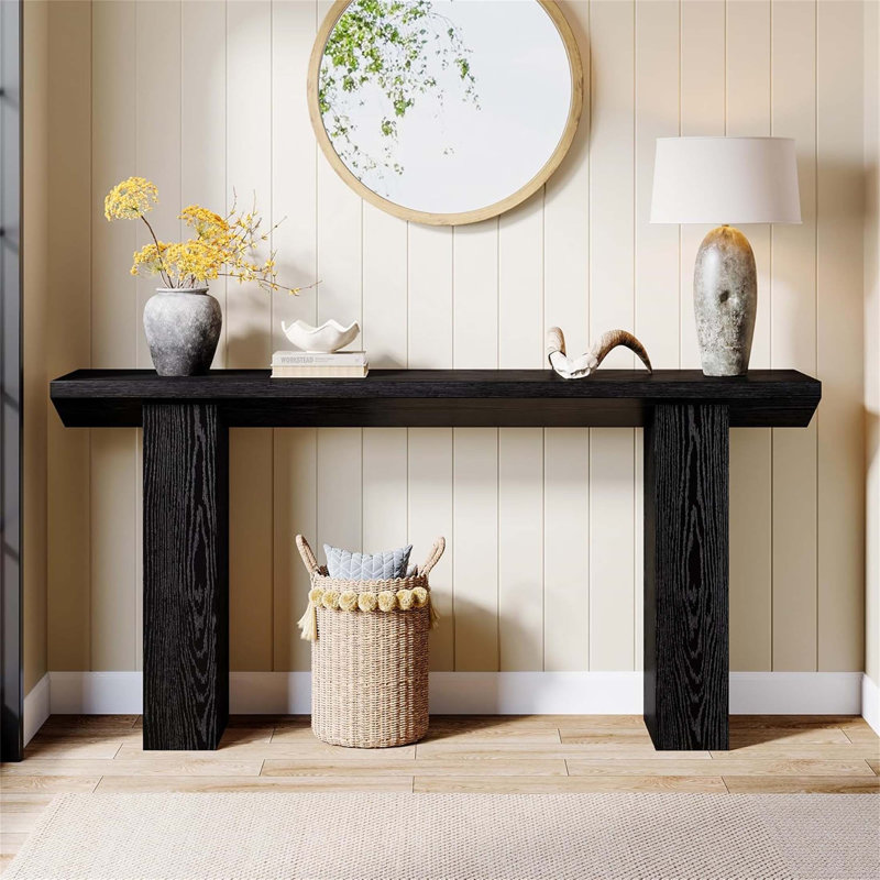 63-Inch Industrial Farmhouse Extra Long Console Table With Narrow Design For Entryway, Hallway, And Behind Couch, Wood Grain Finish
