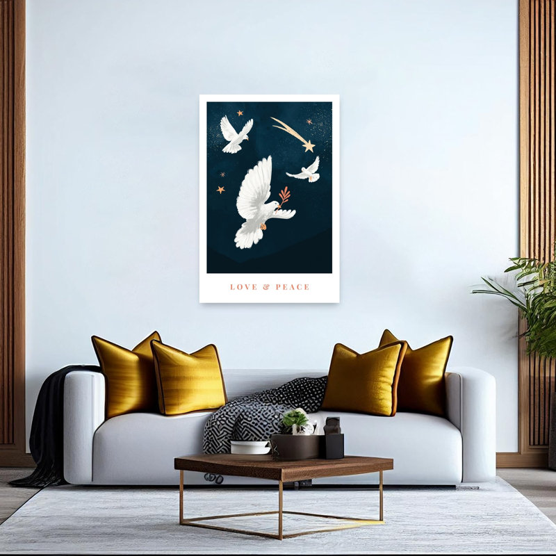 Amour et paix - Affiche murale abstraite contemporaine représentant un oiseau, un paysage et une architecture - Oiseaux