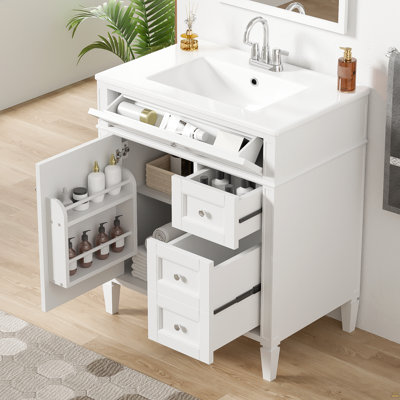 Meuble-lavabo de salle de bain 30 po avec lavabo supérieur, meuble-lavabo moderne avec 2 tiroirs et tiroir basculant, meuble-lavabo simple
