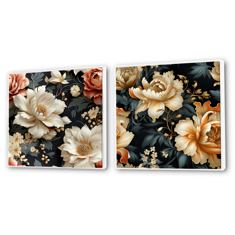 Guilhem - Ensemble de 2 collages carrés floraux, H 16 po x l 33 po, Cadre flottant blanc