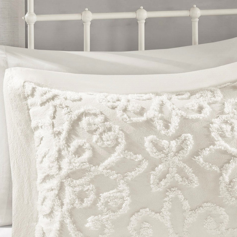 Coton chenille pour chambre à coucher - très grand / très grand, 3 pièces, couvre-lit et 2 taies décoratives, Blanc cassé