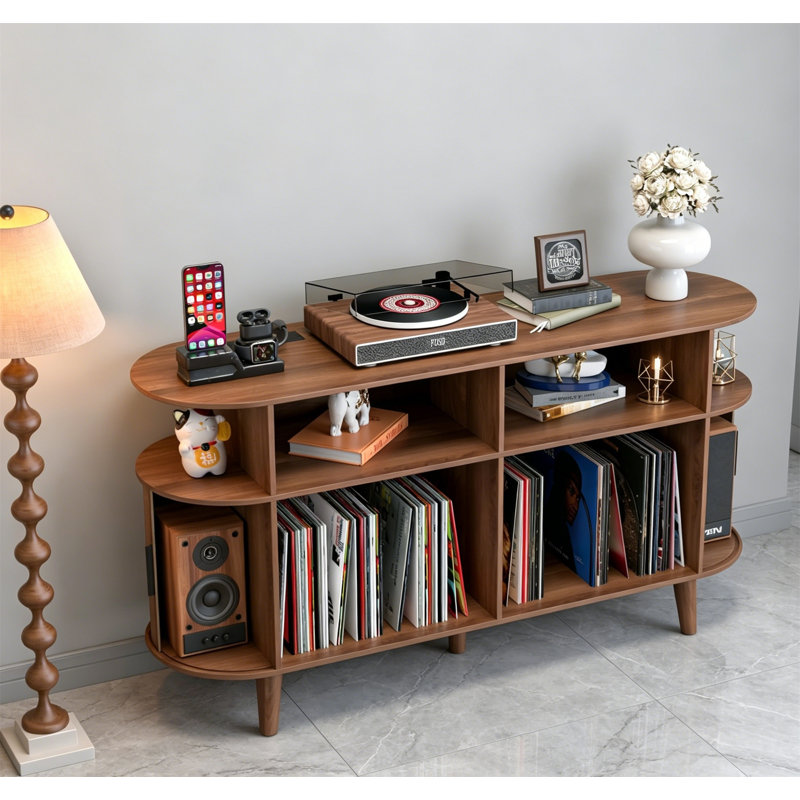 Large Round Record Player Stand with Charging Station USB Ports, Mid Century Turntable Storage Cabinet, Walnut