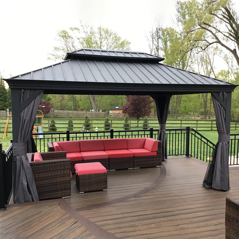 Pavillon de jardin permanent avec toit double en acier galvanisé pour terrasse, H 140 po x l 120 po x P 122 po