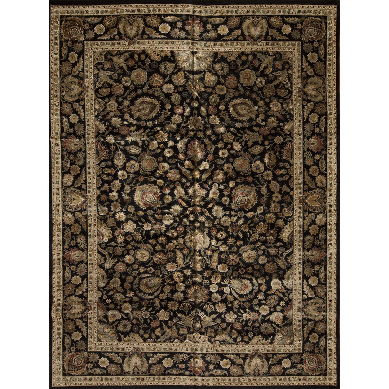 Extravagance II Oriental Hand-Knotted Rectangle Wool/Silk Area Rug in Black/Brown/Ivory, Rectangle 9'11" x 13'2"