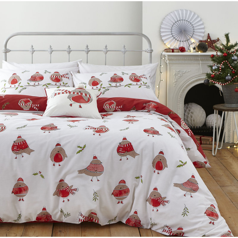Christmas Robins Duvet Cover Set with Pillowcases, Double Duvet Cover + 2 Standard Pillowcases