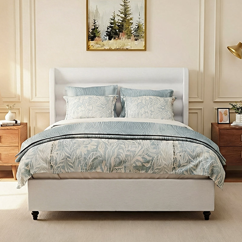 Upholstered Slatted Bed with Turned Gourd Legs, Queen