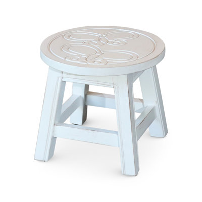 Wooden Step Stool With Butterflies, Antique White. Strong Rubberwood For Multi-Purpose Use As ' Seats. 11" D Butterflies Stool, White Finish. Rubberwood. Versatile Ottomans, Footrests, Mini Tables.