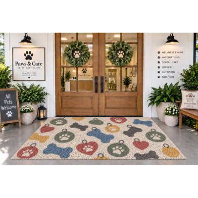 5' x 7' Outdoor Area Rug, Dog Bones Hearts and Colorful Paw Tags Design, Waterproof PVC Coil Loop Carpet, Heavy Duty Quick Dry Mat, for Porch, Deck, Balcony, Pet Clinic