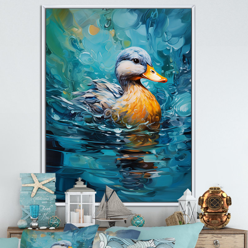 Duck Abstract Ripples III - Duck Animal Wall Art, White Floater Framed, 32" H x 24" W