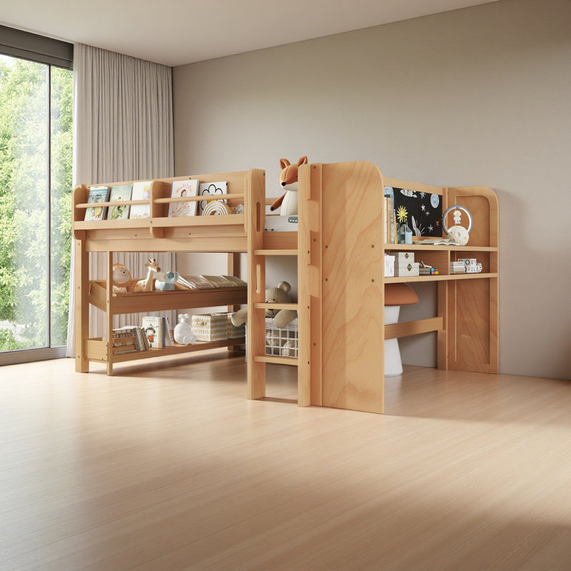 Loft Bed With Multi-Storage Bookcases, Boxes And Drawers, Solid Wood Low Loft Beds With Desk And Blackboard, No Box Spring Needed